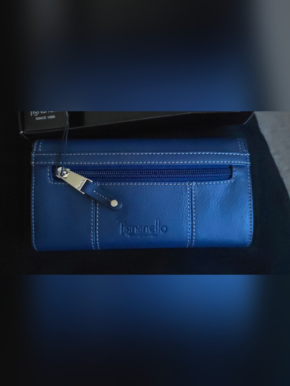 Tignanello Blue Women's Leather Flap Wallet with Silver Logo Plaque - Picture 8 of 9